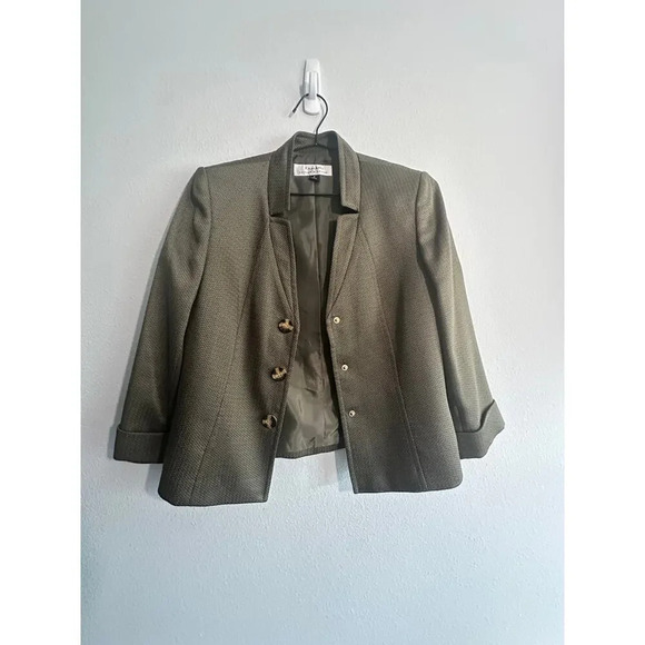 Tahari Arthur S Levine Womens Blazer Jacket Olive Green Three Button Textured - Picture 8 of 16